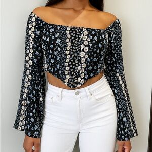 Sadie & Sage Boho Floral Sheer Long Sleeves Crop Top Square Neck Festive Concert